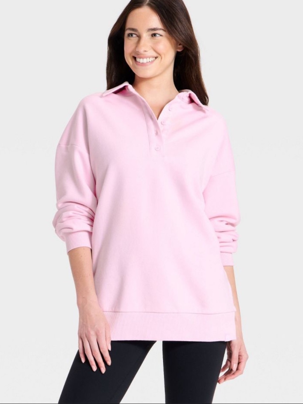 JoyLab Womenβs French Terry Pink Button-Front Pullover oversized Sweatshirt M